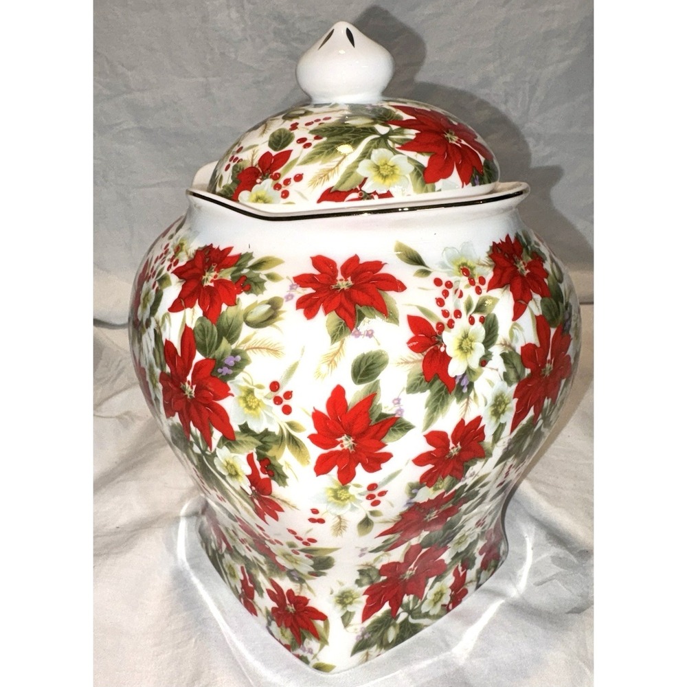 Grace Teaware Poinsettia HTF Ginger Jar Canister Red 8" Toile‎ Gold Trim Treat